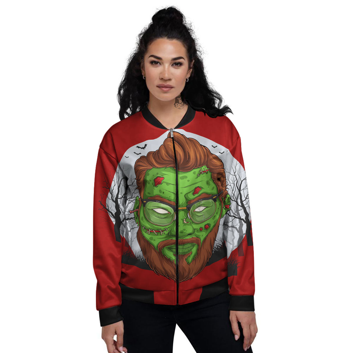 Zombie Face Halloween Character Print Women's Bomber Jacket-grizzshop