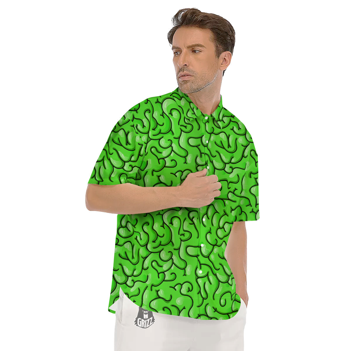 Zombie Green Brain Print Pattern Men's Short Sleeve Shirts-grizzshop