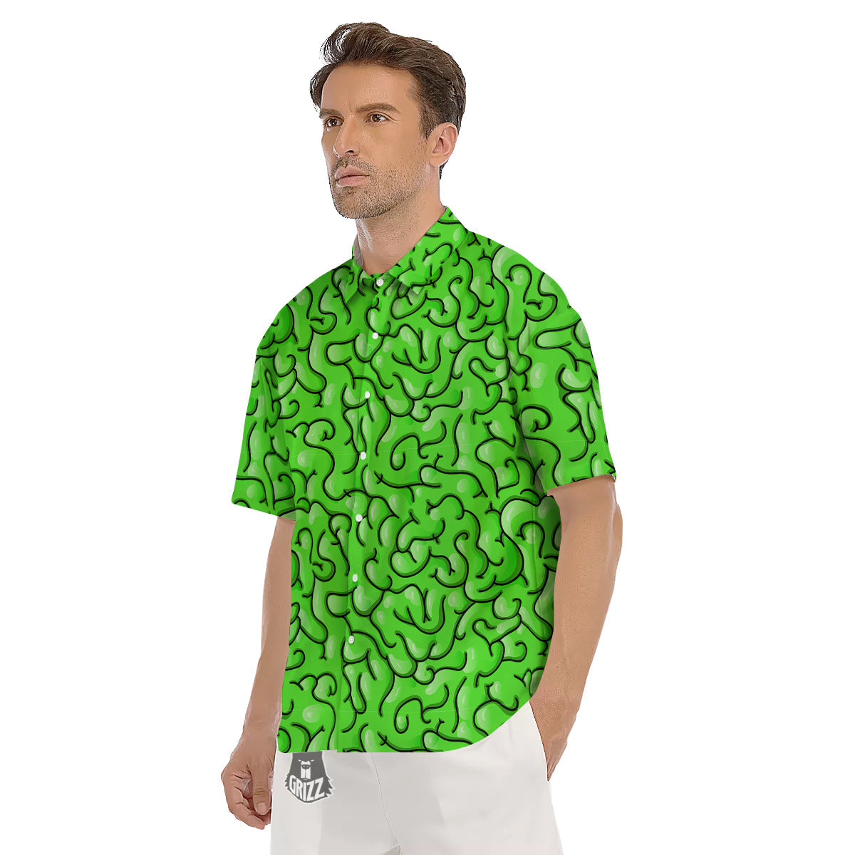 Zombie Green Brain Print Pattern Men's Short Sleeve Shirts-grizzshop