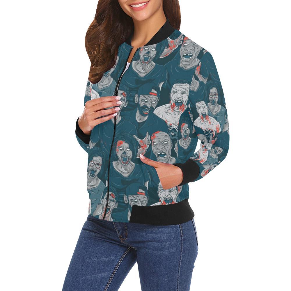 Zombie Halloween Pattern Print Women Casual Bomber Jacket-grizzshop