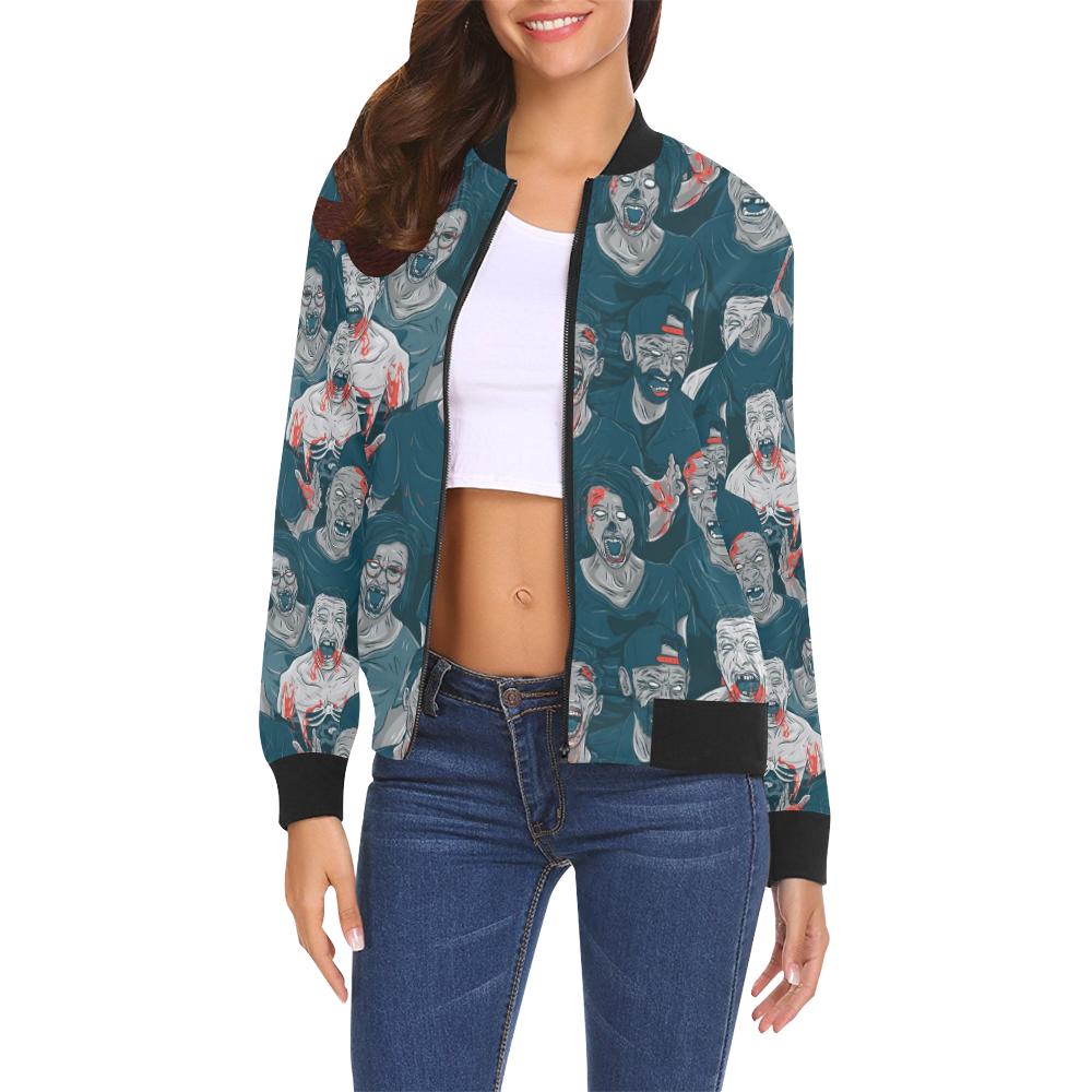 Zombie Halloween Pattern Print Women Casual Bomber Jacket-grizzshop