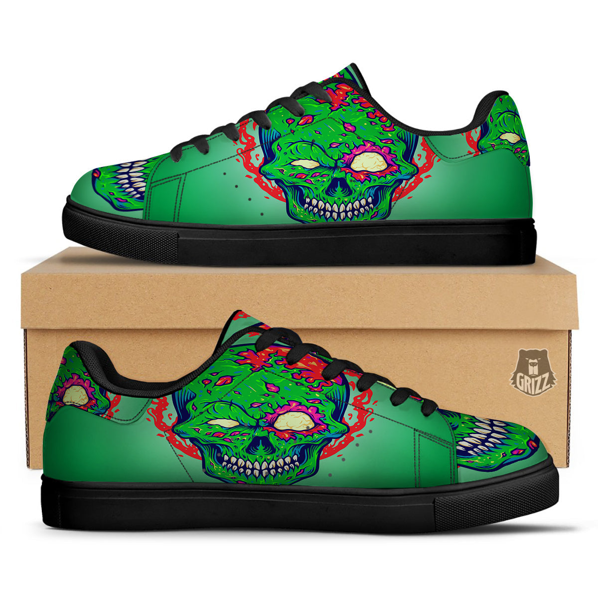 Zombie Halloween Skull Print Black Low Top Sneakers-grizzshop