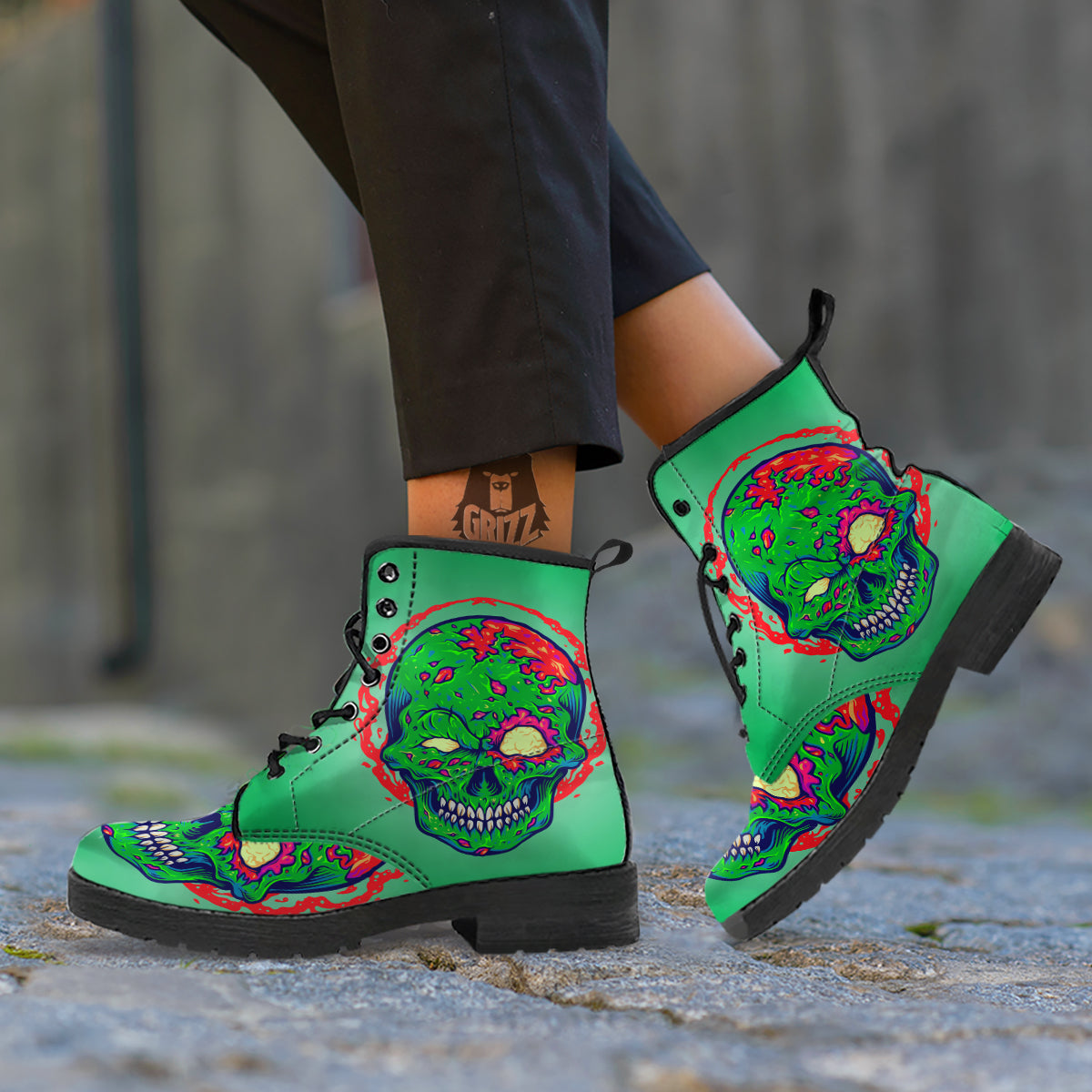 Zombie Halloween Skull Print Leather Boots-grizzshop