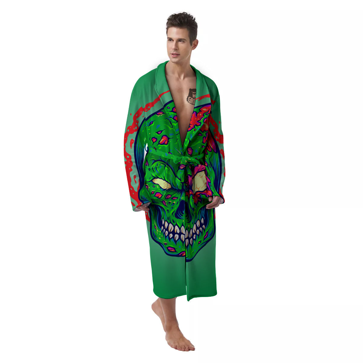Zombie Halloween Skull Print Men's Robe-grizzshop