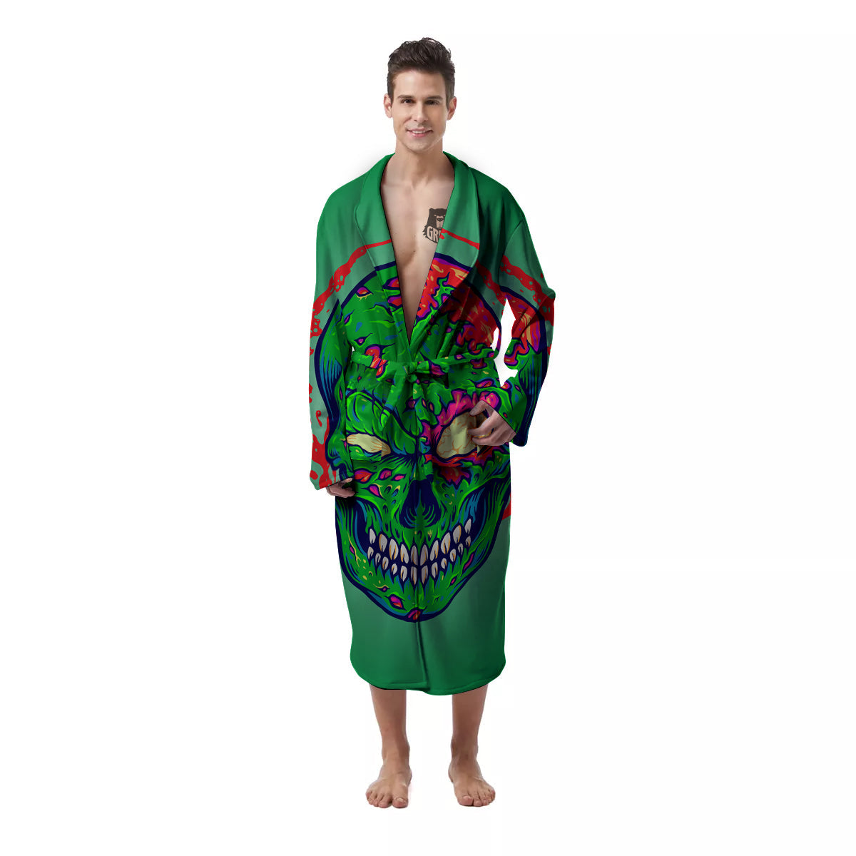 Zombie Halloween Skull Print Men's Robe-grizzshop
