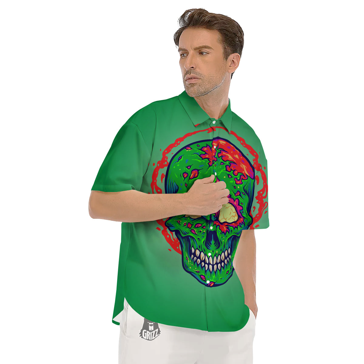 Zombie Halloween Skull Print Men's Short Sleeve Shirts-grizzshop