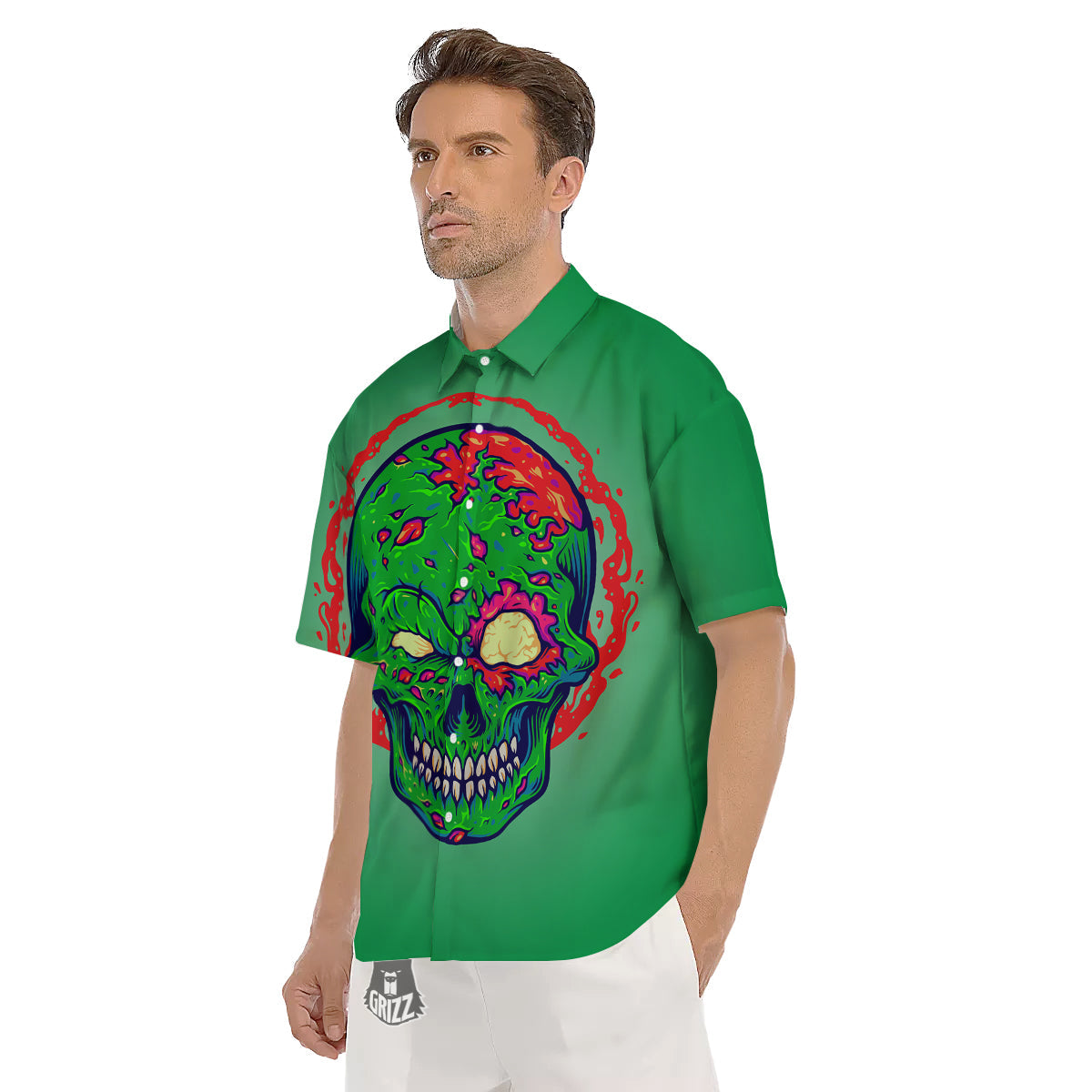 Zombie Halloween Skull Print Men's Short Sleeve Shirts-grizzshop