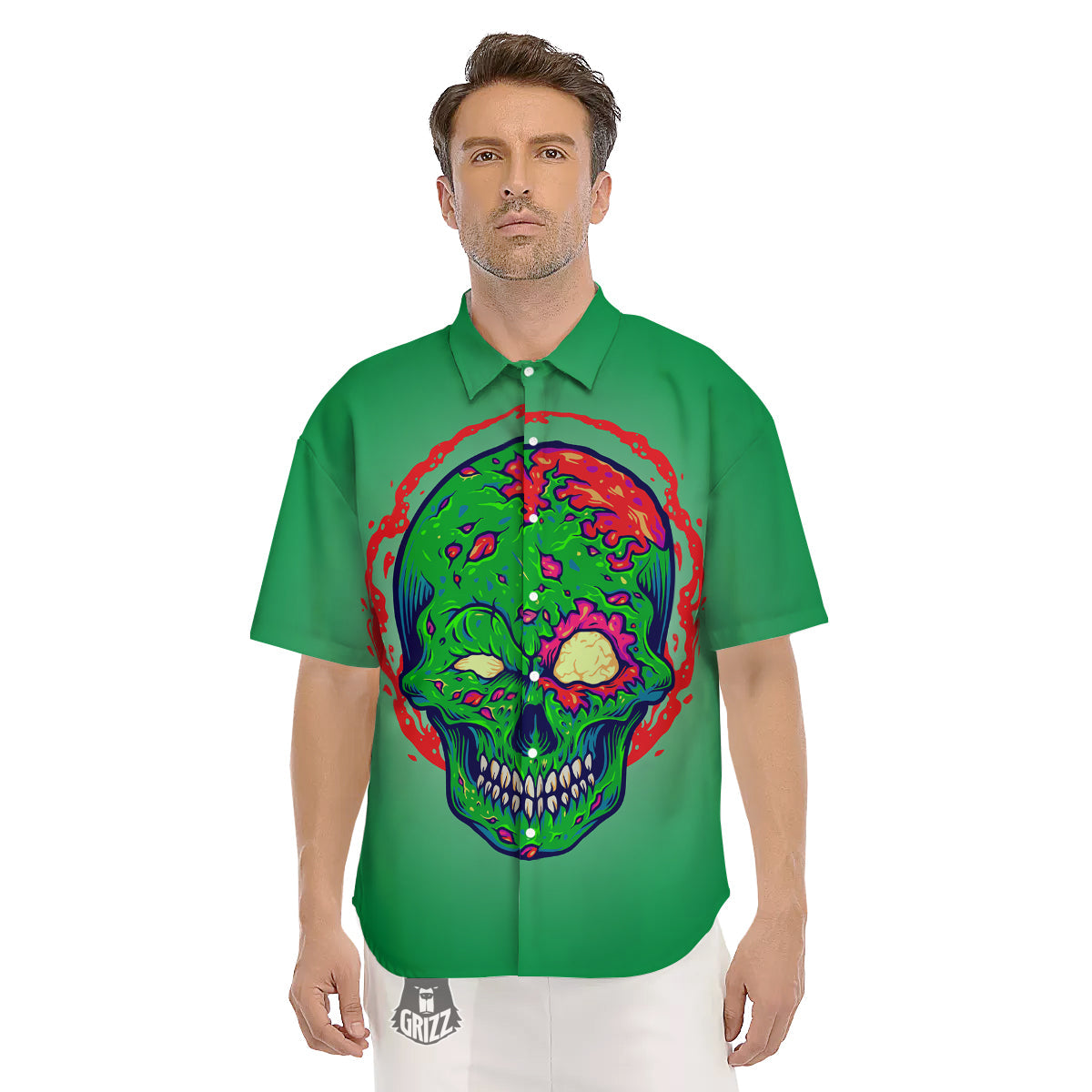 Zombie Halloween Skull Print Men's Short Sleeve Shirts-grizzshop