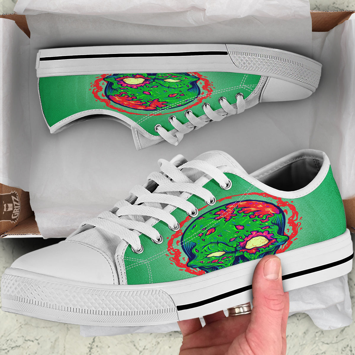 Zombie Halloween Skull Print White Low Top Shoes-grizzshop