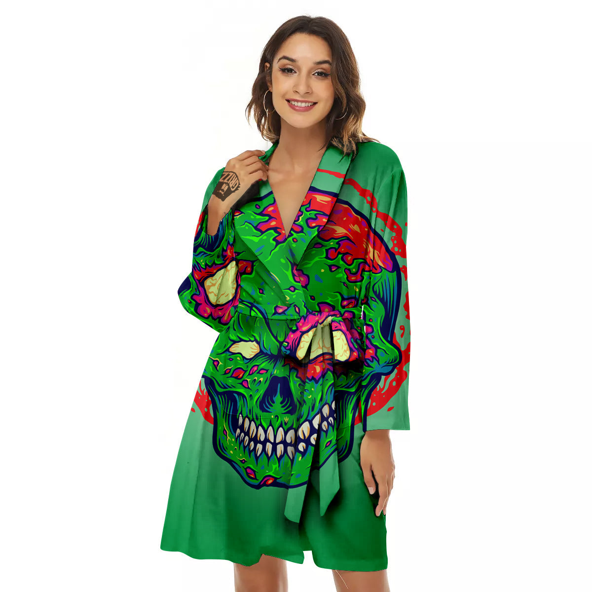 Zombie Halloween Skull Print Women's Robe-grizzshop