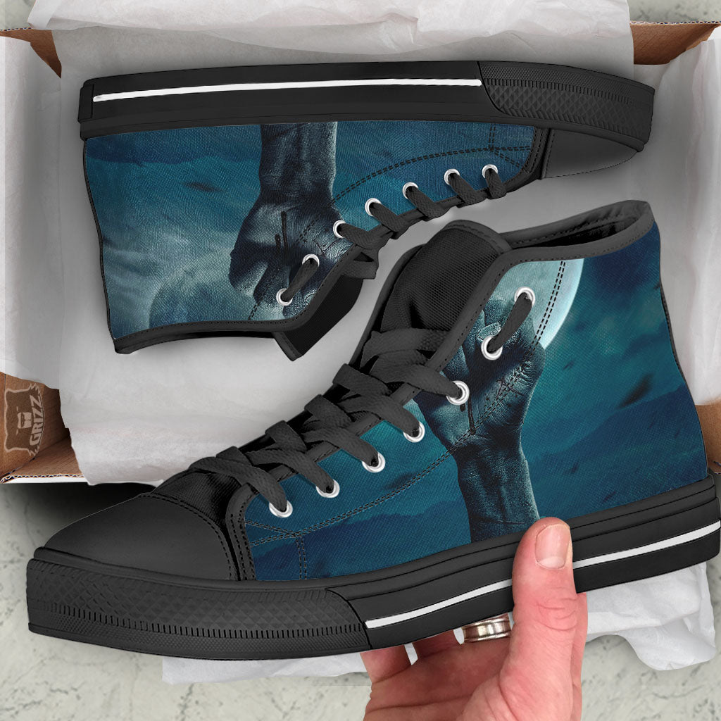 Zombie Hand Rising From Grave Print Black High Top Shoes-grizzshop