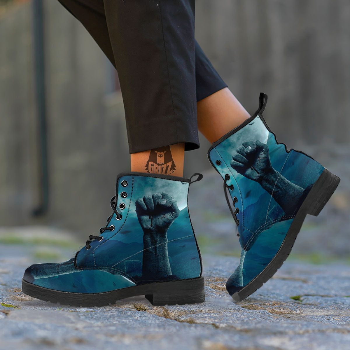 Zombie Hand Rising From Grave Print Leather Boots-grizzshop