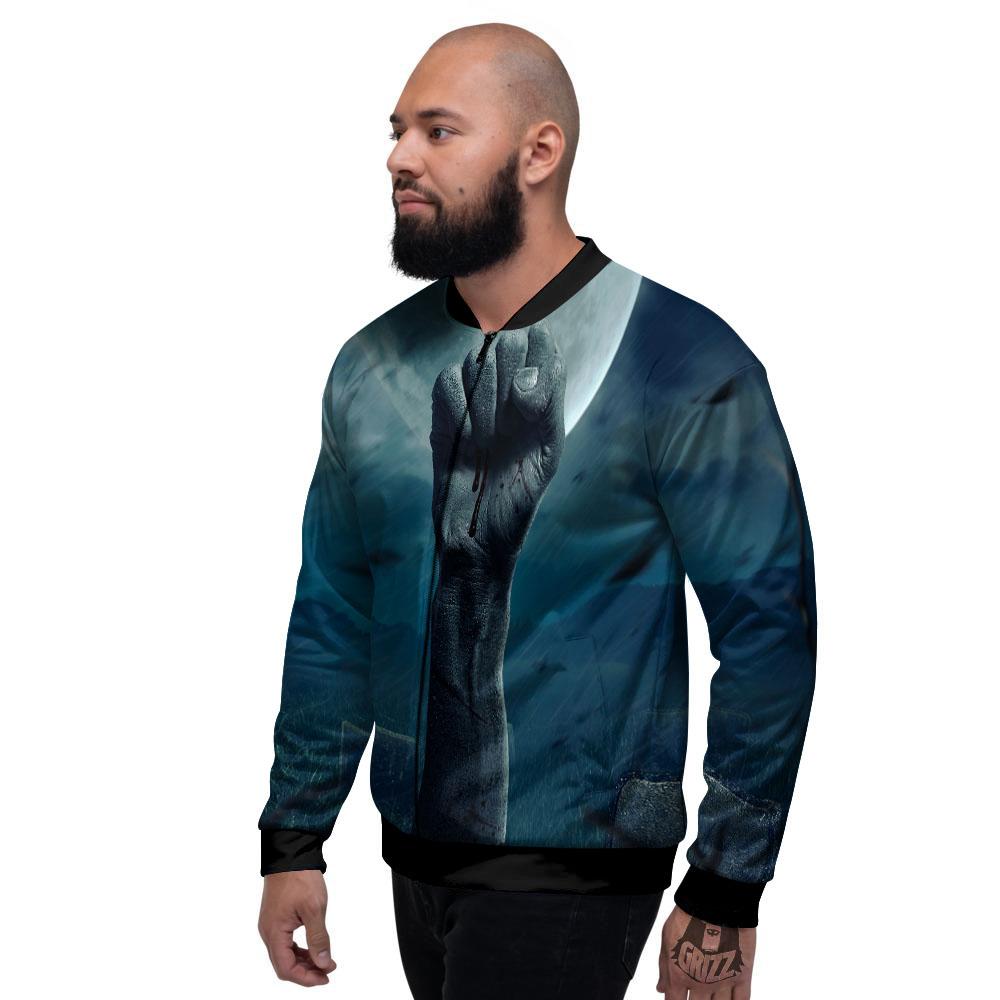 Zombie Hand Rising From Grave Print Men's Bomber Jacket-grizzshop