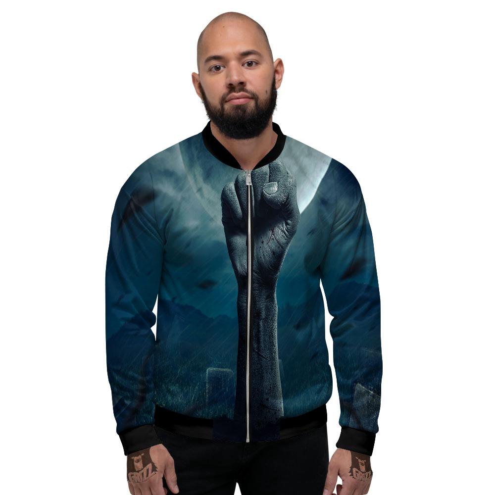Zombie Hand Rising From Grave Print Men's Bomber Jacket-grizzshop