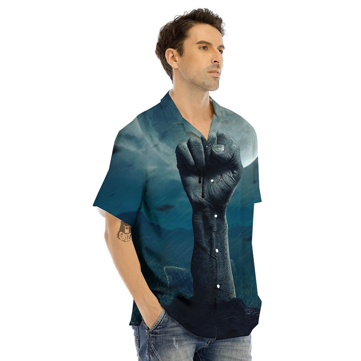 Zombie Hand Rising From Grave Print Men's Hawaiian Shirt-grizzshop
