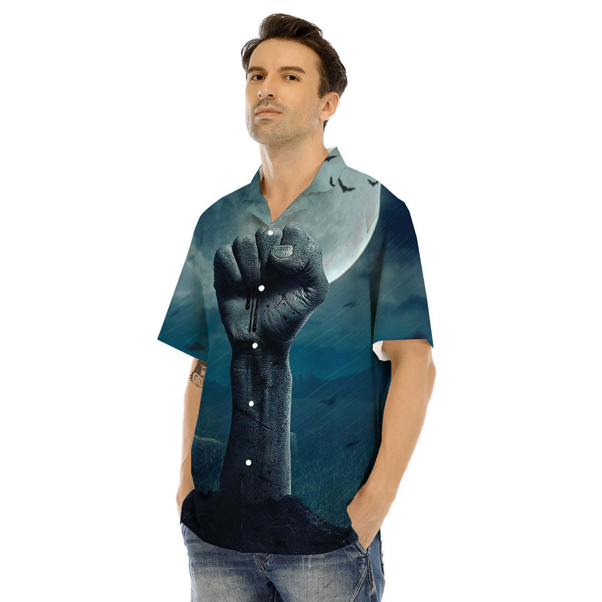 Zombie Hand Rising From Grave Print Men's Hawaiian Shirt-grizzshop