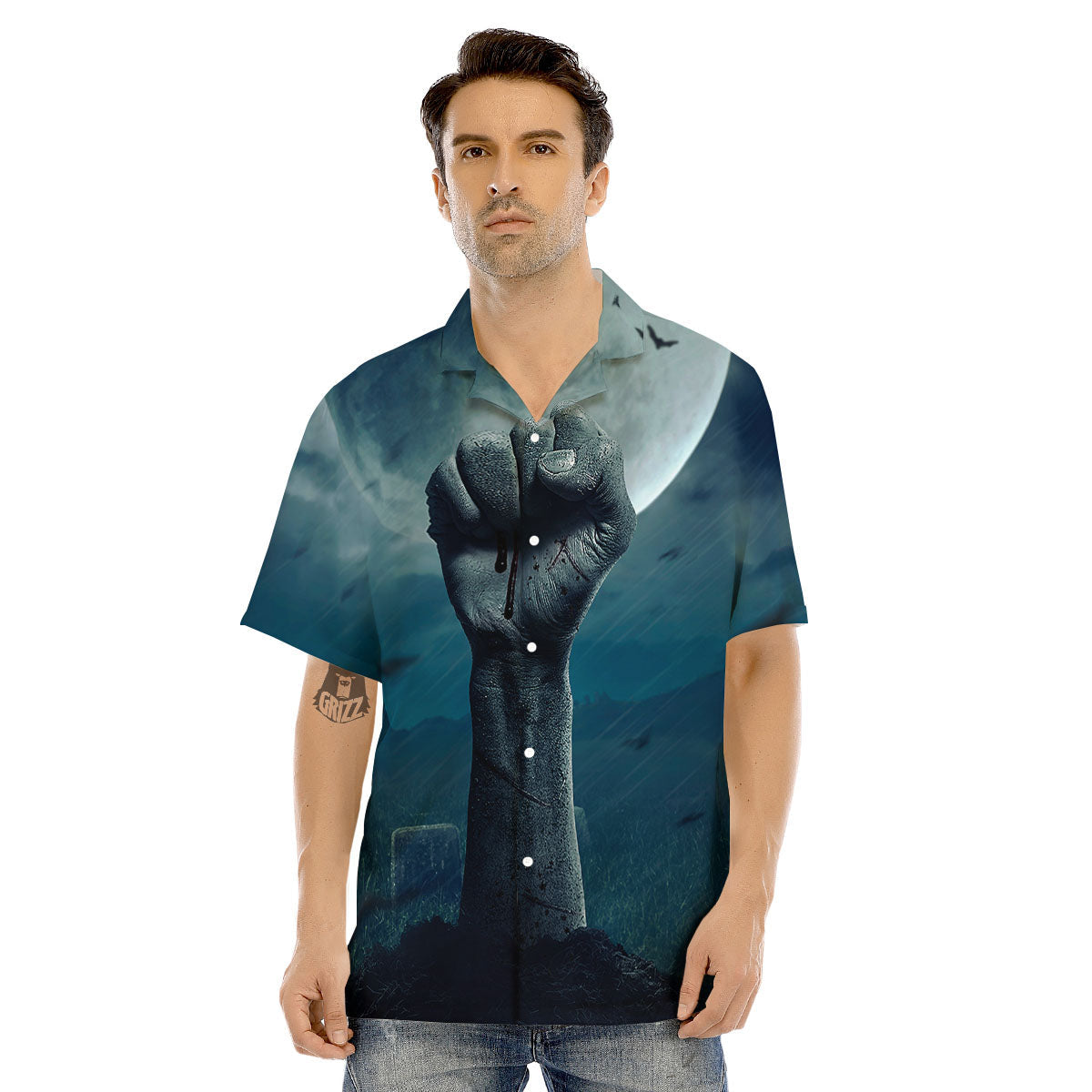 Zombie Hand Rising From Grave Print Men's Hawaiian Shirt-grizzshop