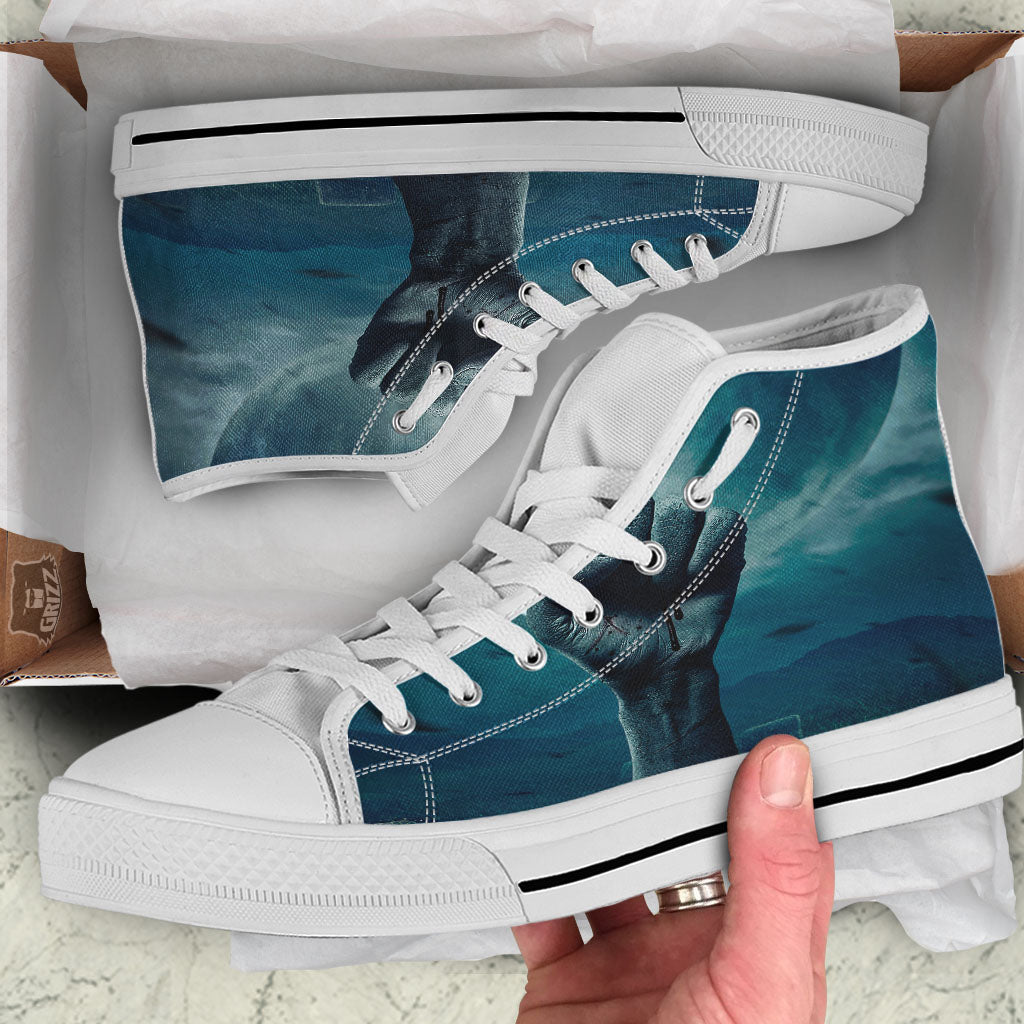 Zombie Hand Rising From Grave Print White High Top Shoes-grizzshop