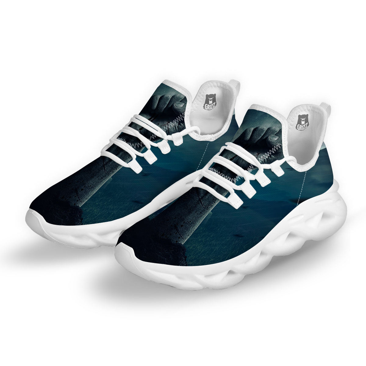 Zombie Hand Rising From Grave Print White Running Shoes-grizzshop