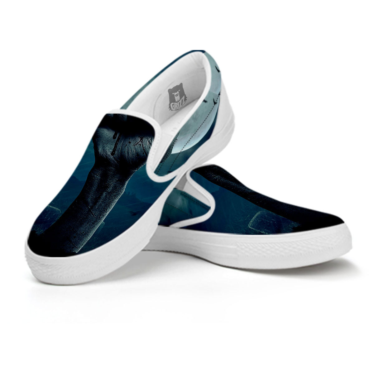 Zombie Hand Rising From Grave Print White Slip On Shoes-grizzshop