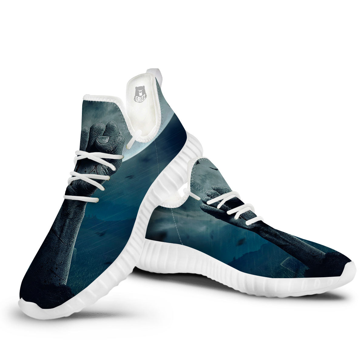 Zombie Hand Rising From Grave Print White Walking Shoes-grizzshop