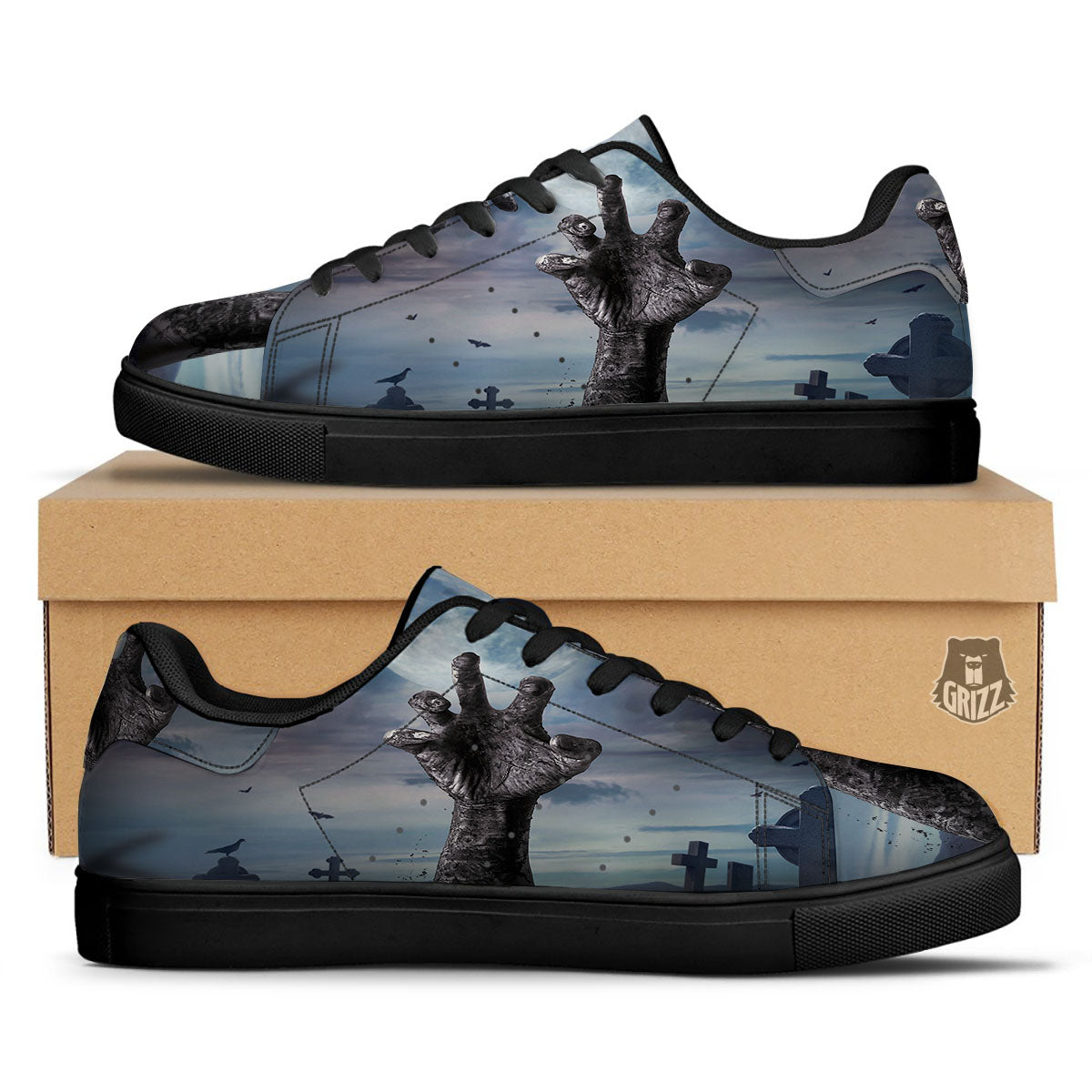Zombie Hands Halloween Print Black Low Top Sneakers-grizzshop