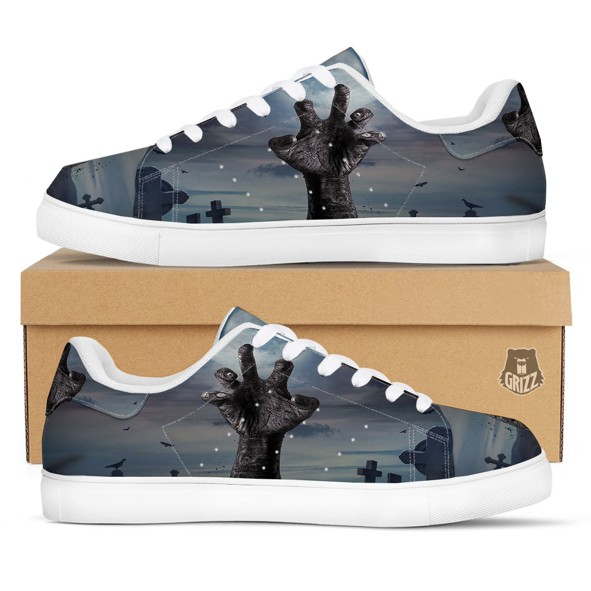 Zombie Hands Halloween Print White Low Top Sneakers-grizzshop