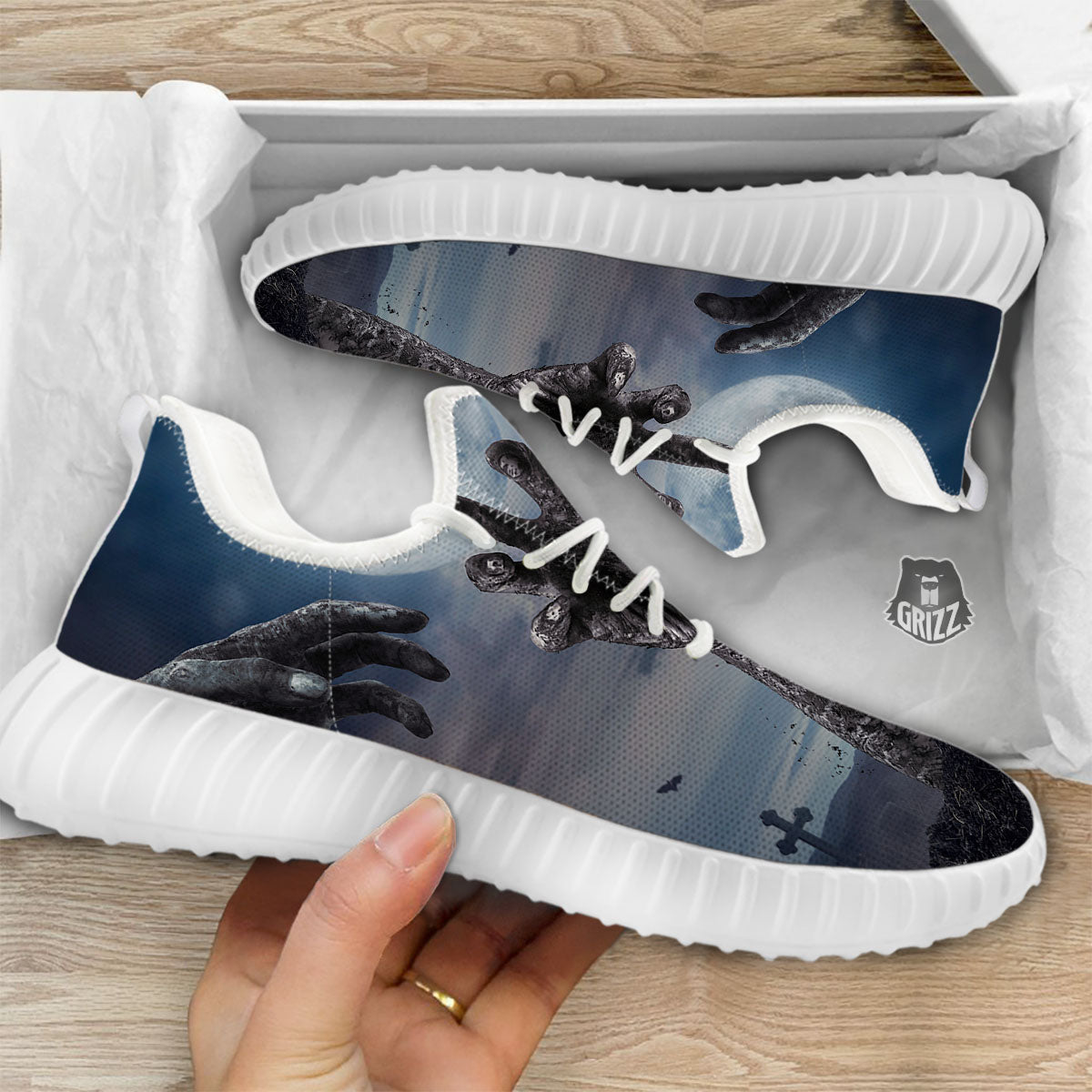 Zombie Hands Halloween Print White Walking Shoes-grizzshop