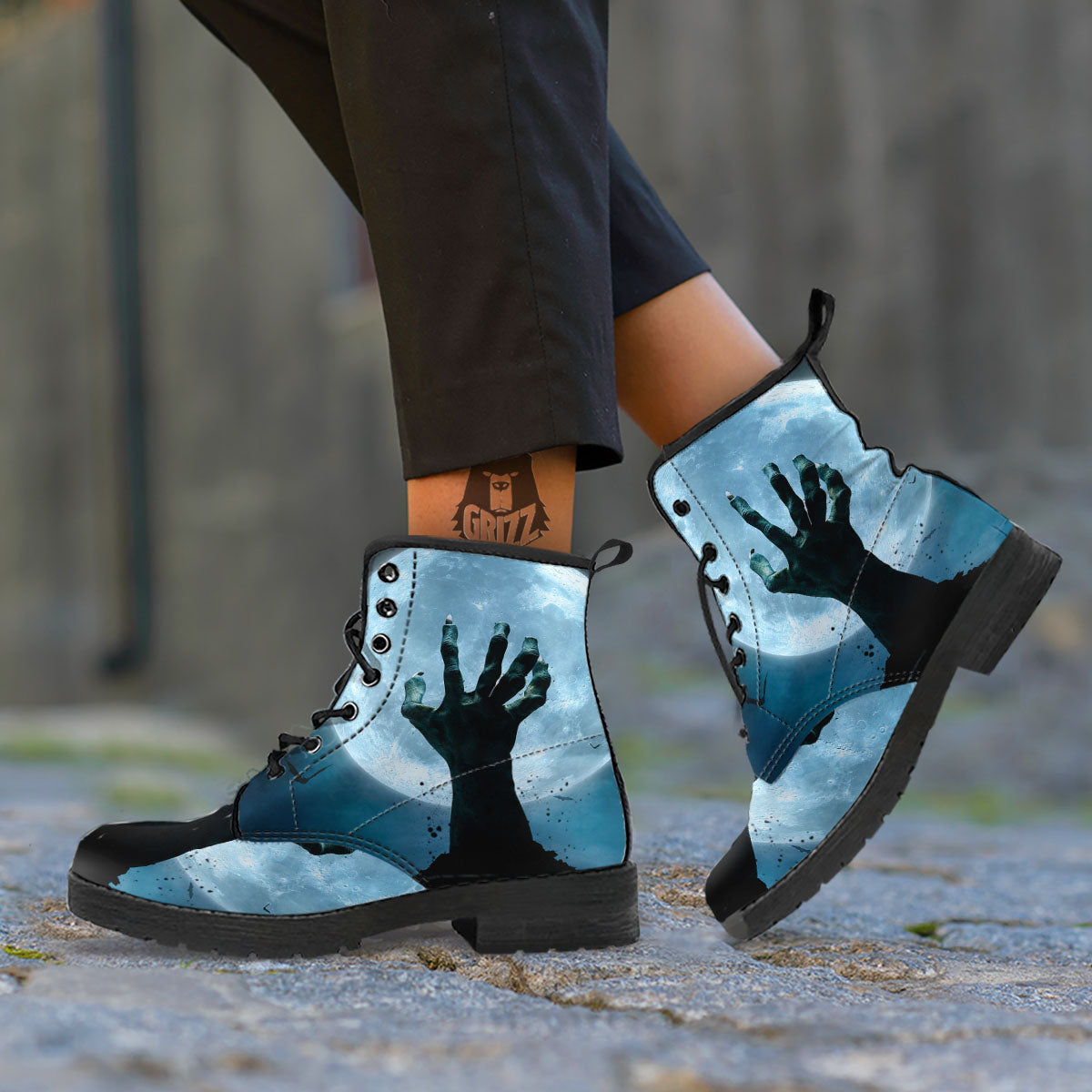 Zombie Hands Scary Print Leather Boots-grizzshop