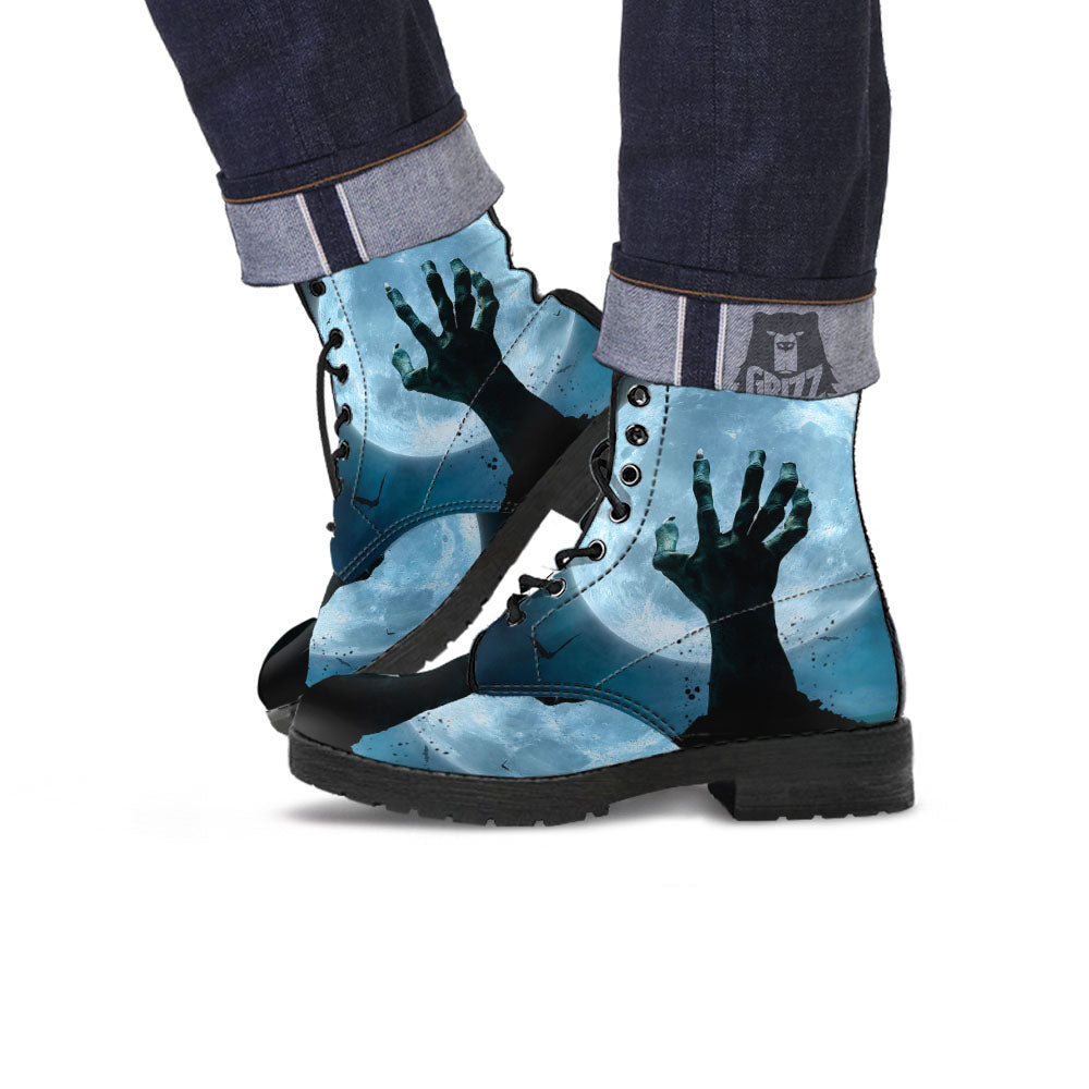 Zombie Hands Scary Print Leather Boots-grizzshop