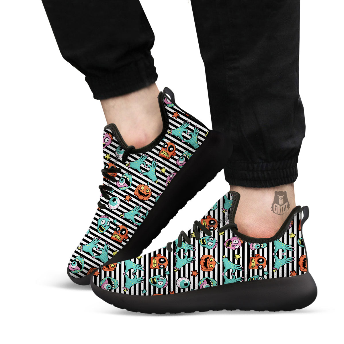 Zombie Striped Halloween Print Pattern Black Athletic Shoes-grizzshop