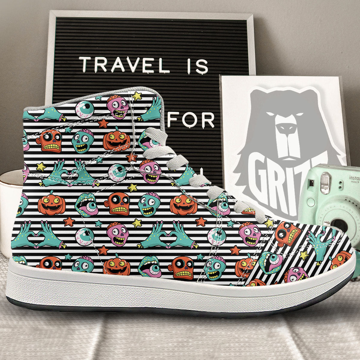 Zombie Striped Halloween Print Pattern High Top Sneakers-grizzshop