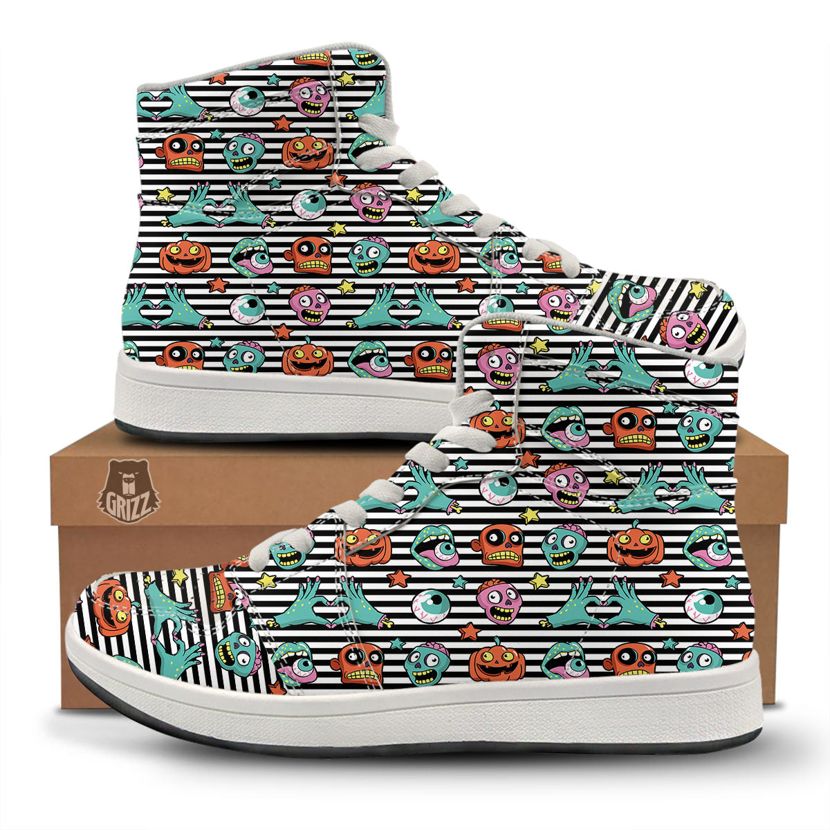 Zombie Striped Halloween Print Pattern High Top Sneakers-grizzshop