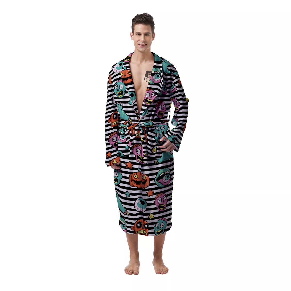 Zombie Striped Halloween Print Pattern Men's Robe-grizzshop