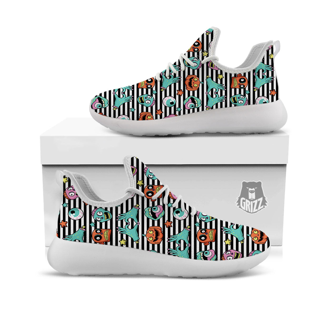 Zombie Striped Halloween Print Pattern White Athletic Shoes-grizzshop