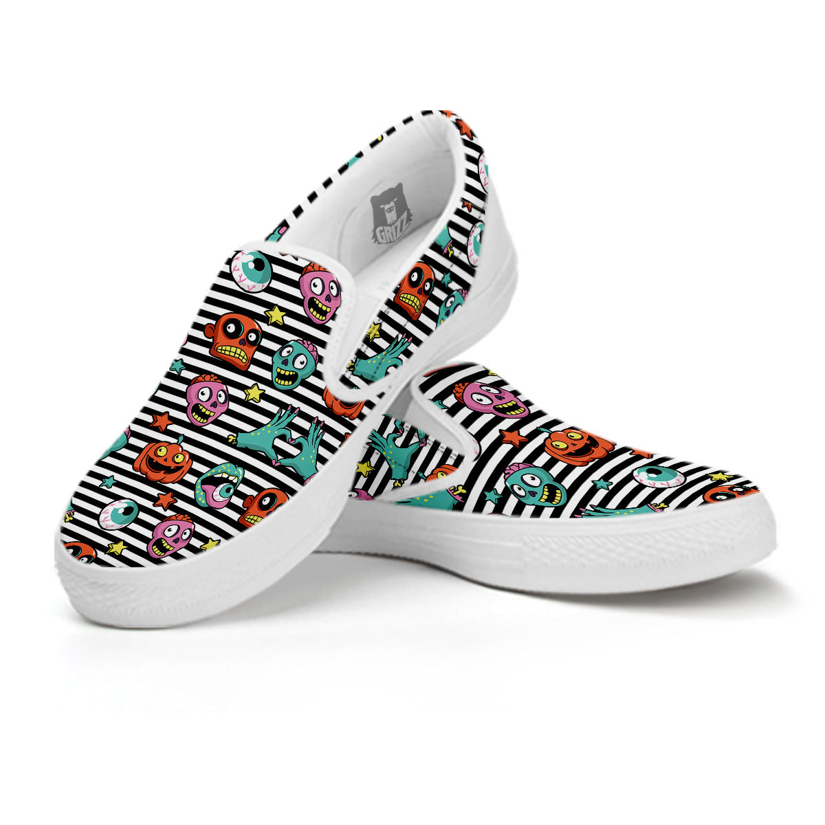 Zombie Striped Halloween Print Pattern White Slip On Shoes-grizzshop