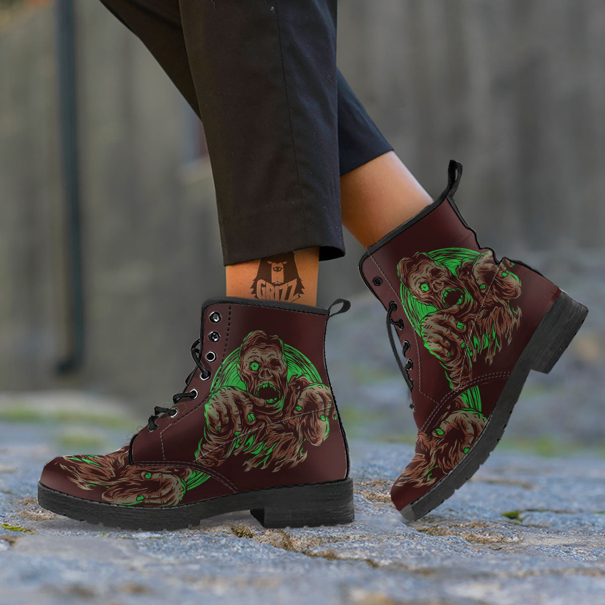 Zombie Walking Green Print Leather Boots-grizzshop