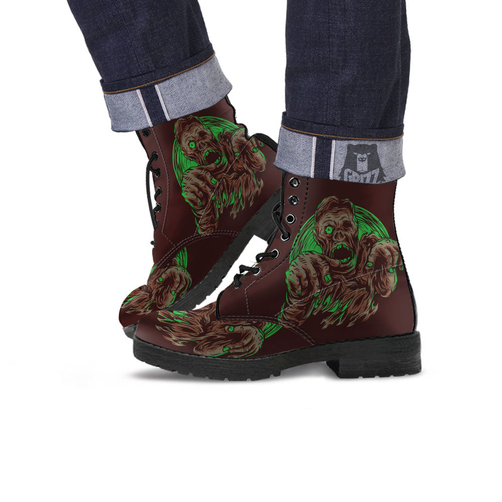 Zombie Walking Green Print Leather Boots-grizzshop