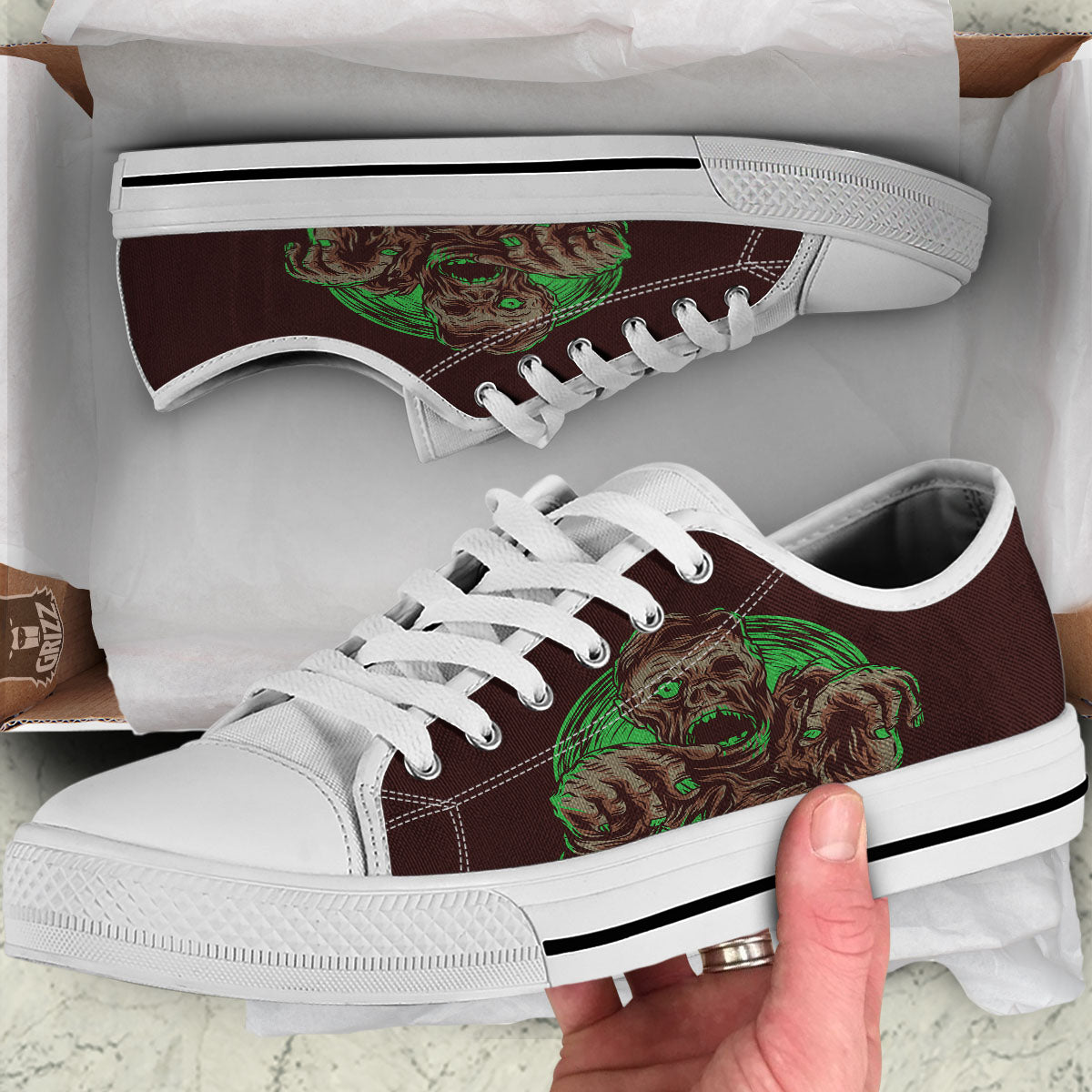 Zombie Walking Green Print White Low Top Shoes-grizzshop