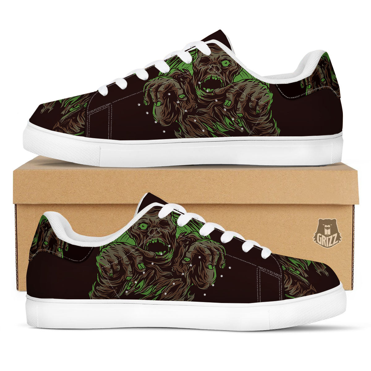 Zombie Walking Green Print White Low Top Sneakers-grizzshop