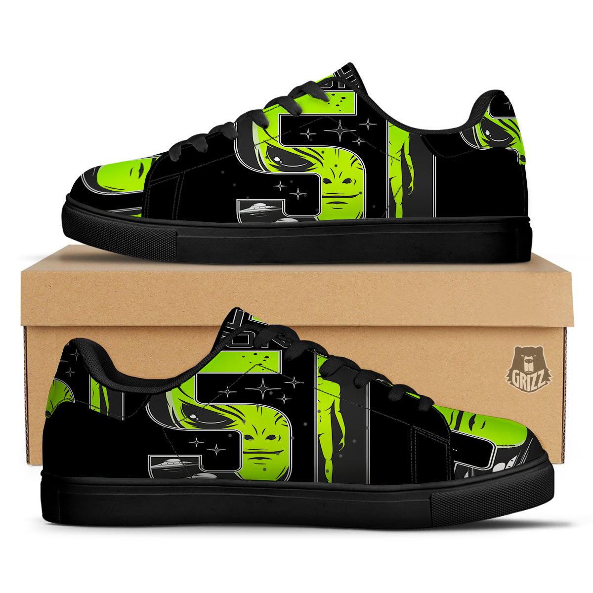 Zone 51 Alien And UFO Print Black Low Top Sneakers-grizzshop