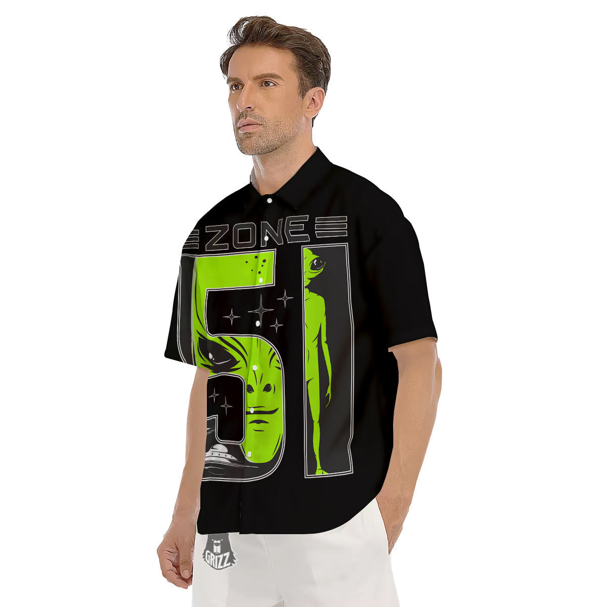 Zone 51 Alien And UFO Print Men's Short Sleeve Shirts-grizzshop