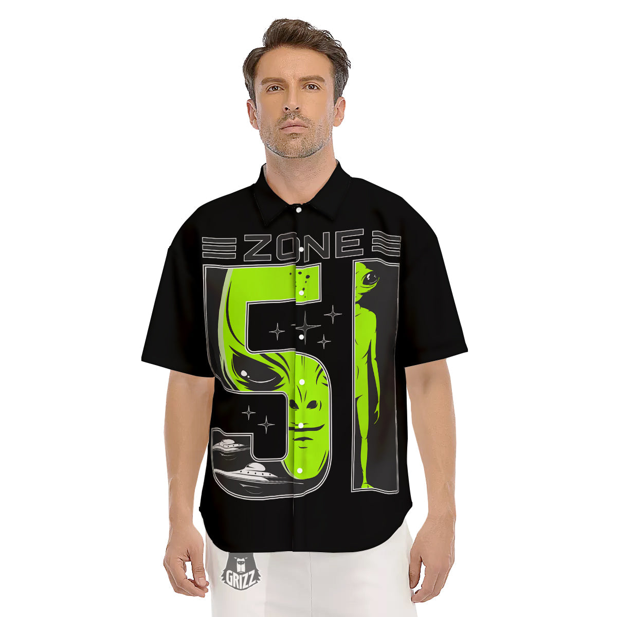 Zone 51 Alien And UFO Print Men's Short Sleeve Shirts-grizzshop