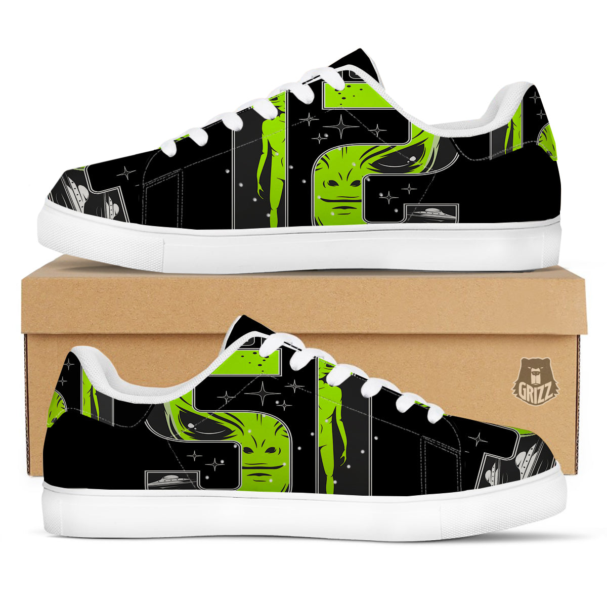 Zone 51 Alien And UFO Print White Low Top Sneakers-grizzshop