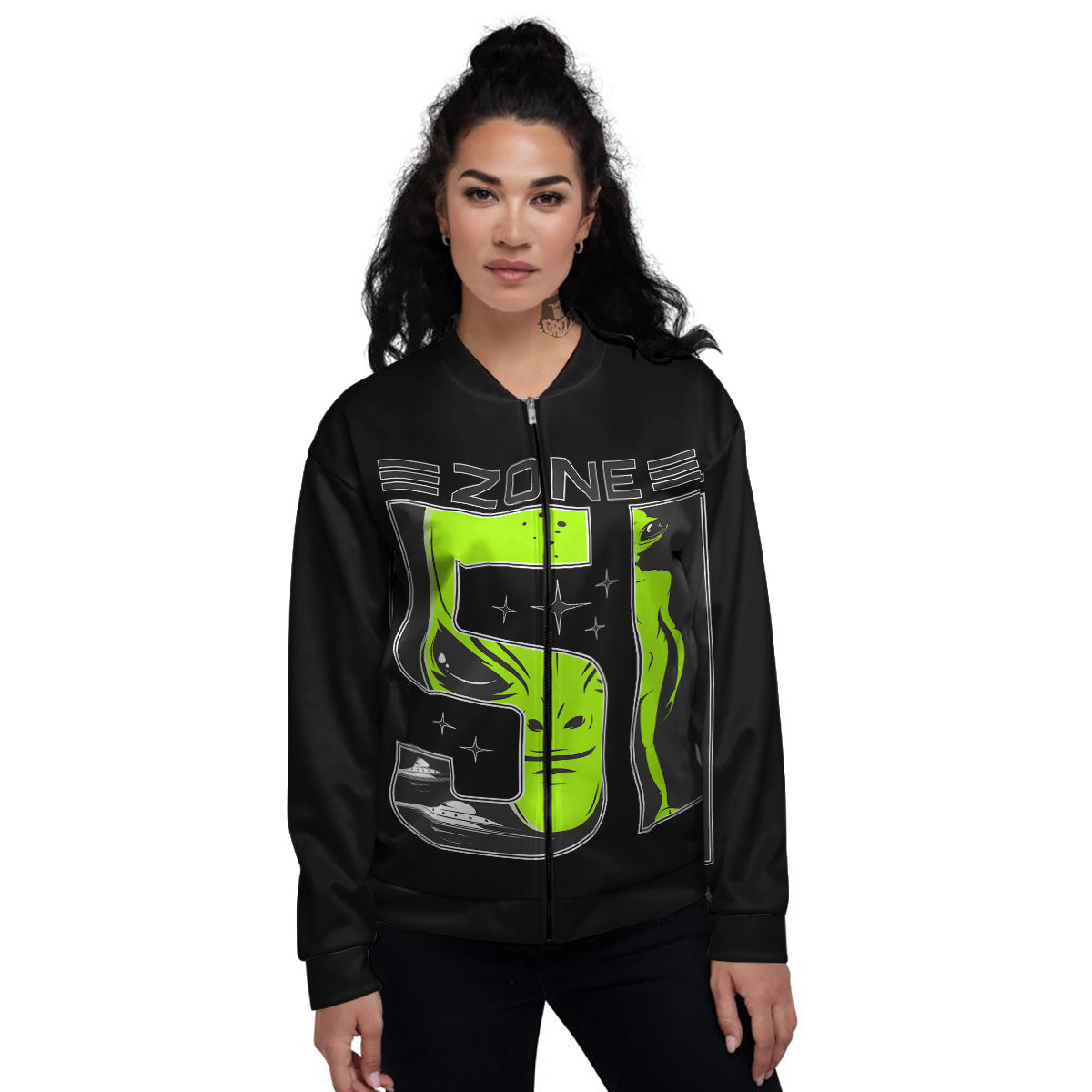 Zone 51 Alien And UFO Print Women's Bomber Jacket-grizzshop