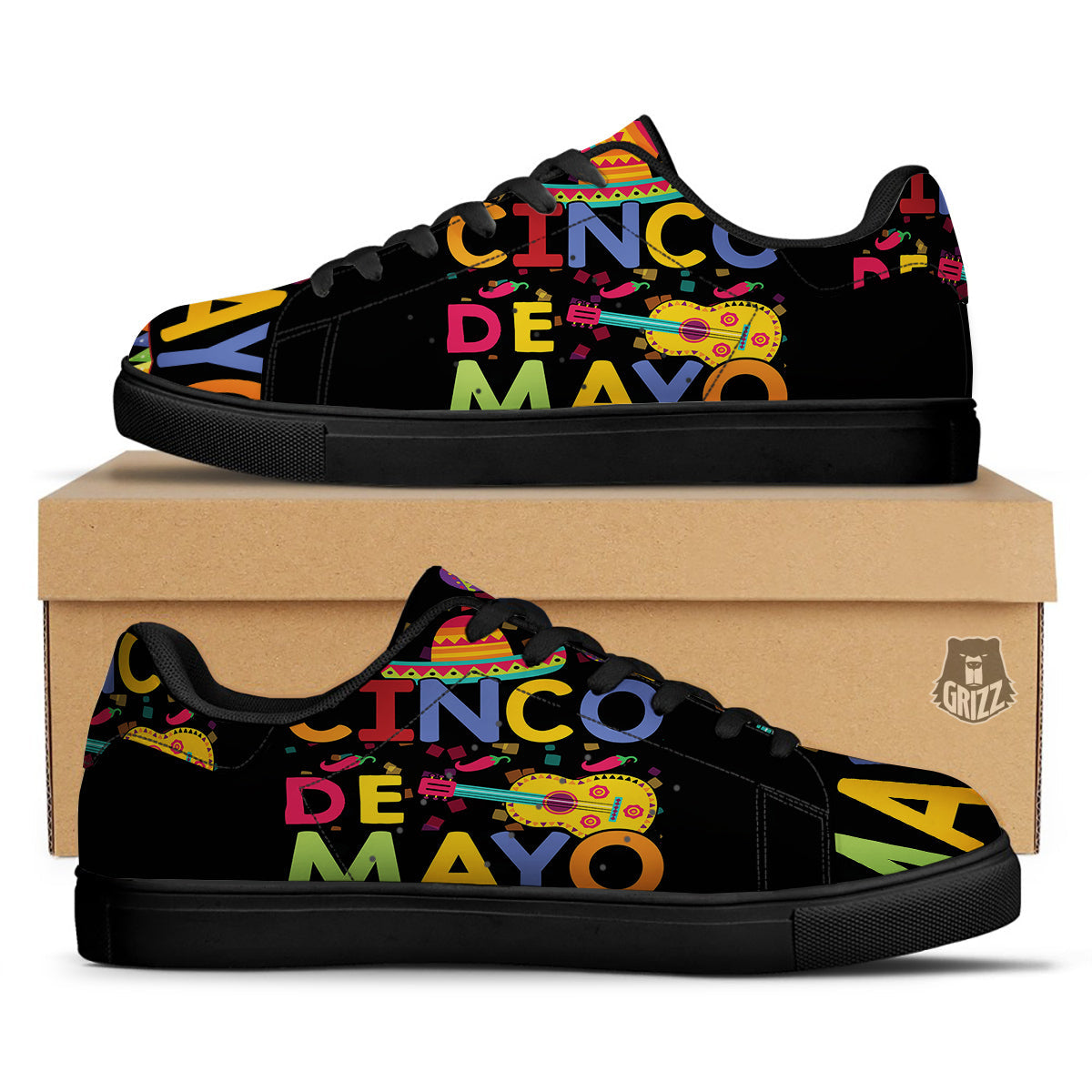 de Mayo Colorful Cinco Print Black Low Top Sneakers-grizzshop