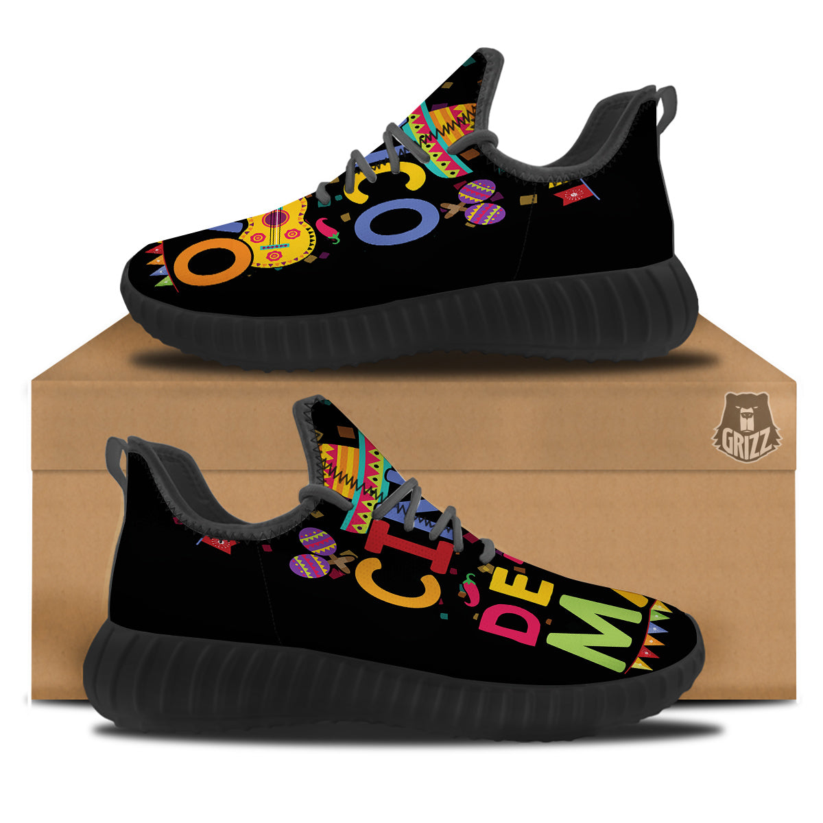 de Mayo Colorful Cinco Print Black Walking Shoes-grizzshop